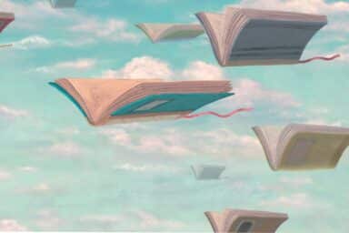 Open books with pink ribbons fly through a bright blue sky with white clouds, representing ADHD and school challenges.