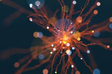 Abstract digital illustration of orange energy lines and glowing bokeh light spheres bursting from a central point.