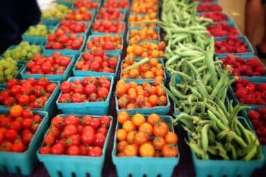 Rows of blue cartons filled with fresh red and orange tomatoes, green beans, and raspberries, representing a cancer prevention diet.