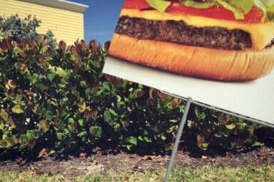 A sign displaying a close-up of a large cheeseburger stands in front of green bushes under a blue sky, representing childhood obesity.