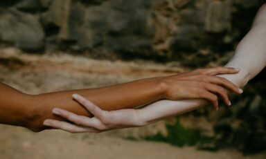 Two arms of different skin tones reach out to hold and support each other against a blurred natural background.