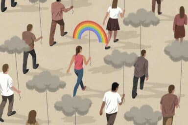 Illustration of people walking with gray cloud balloons, except one woman holding a vibrant rainbow balloon.