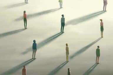 An illustration shows several people standing far apart on a vast, plain surface, each casting a long, dark shadow that does not touch anyone else's.