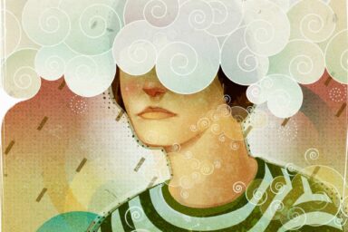 A person with their eyes obscured by stylized white clouds with spiral patterns, symbolizing brain fog.