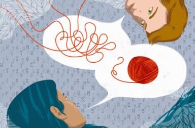 Illustration of two people communicating with a tangled red line transforming into a neat ball of yarn.