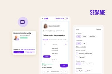 Sesame Care mobile app interface highlighting options for mental health prescriptions, urgent care, and same-day telehealth visits.