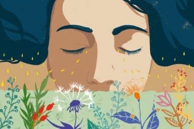 A stylized illustration of a person with closed eyes lying peacefully, surrounded by various blooming wildflowers and falling golden droplets.