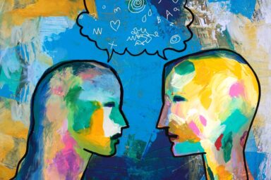 Abstract painting of two multicolored silhouettes facing each other with a dialogue bubble of symbols.