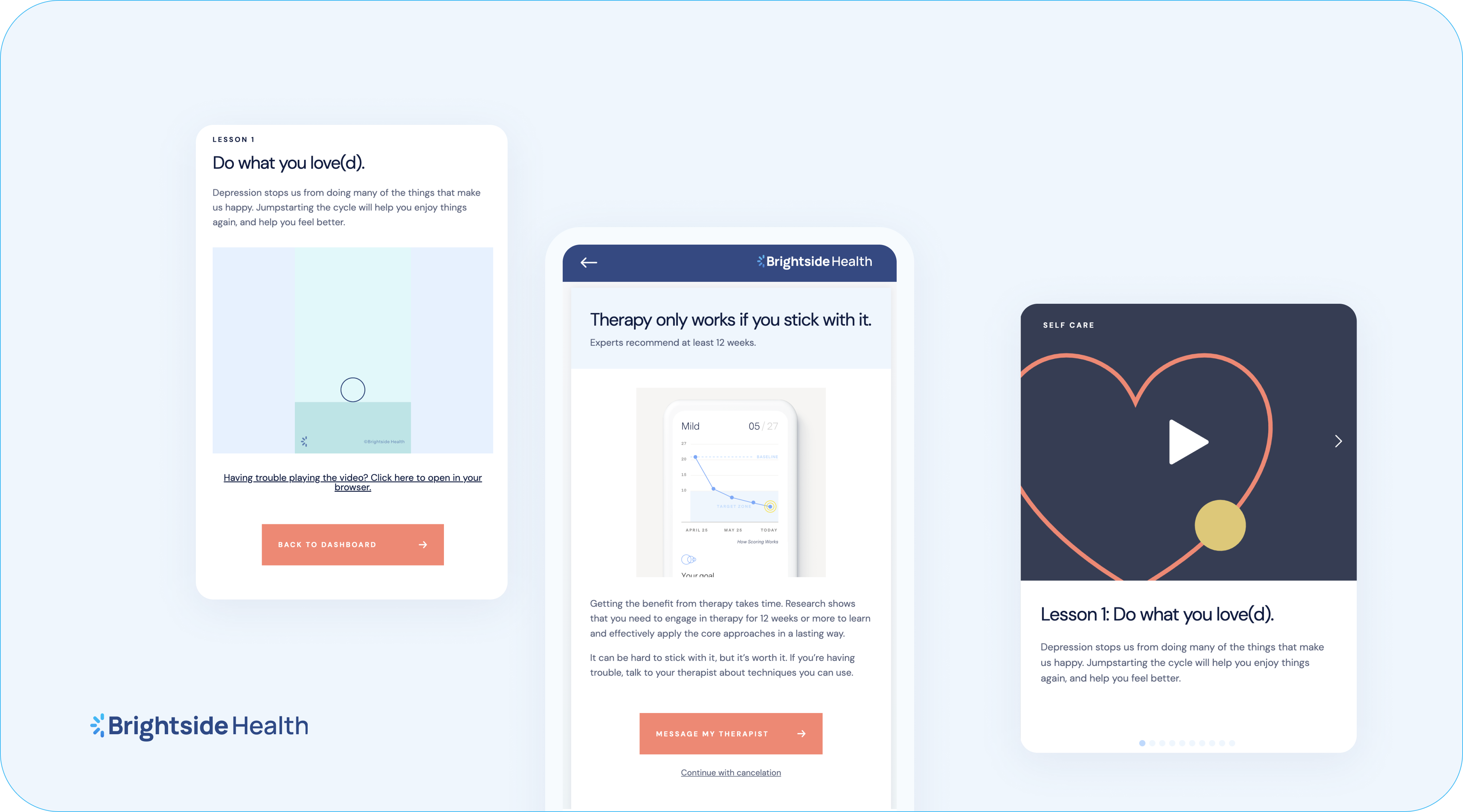 Brightside Health app lessons and self-care module showing guided therapy content and progress over time.