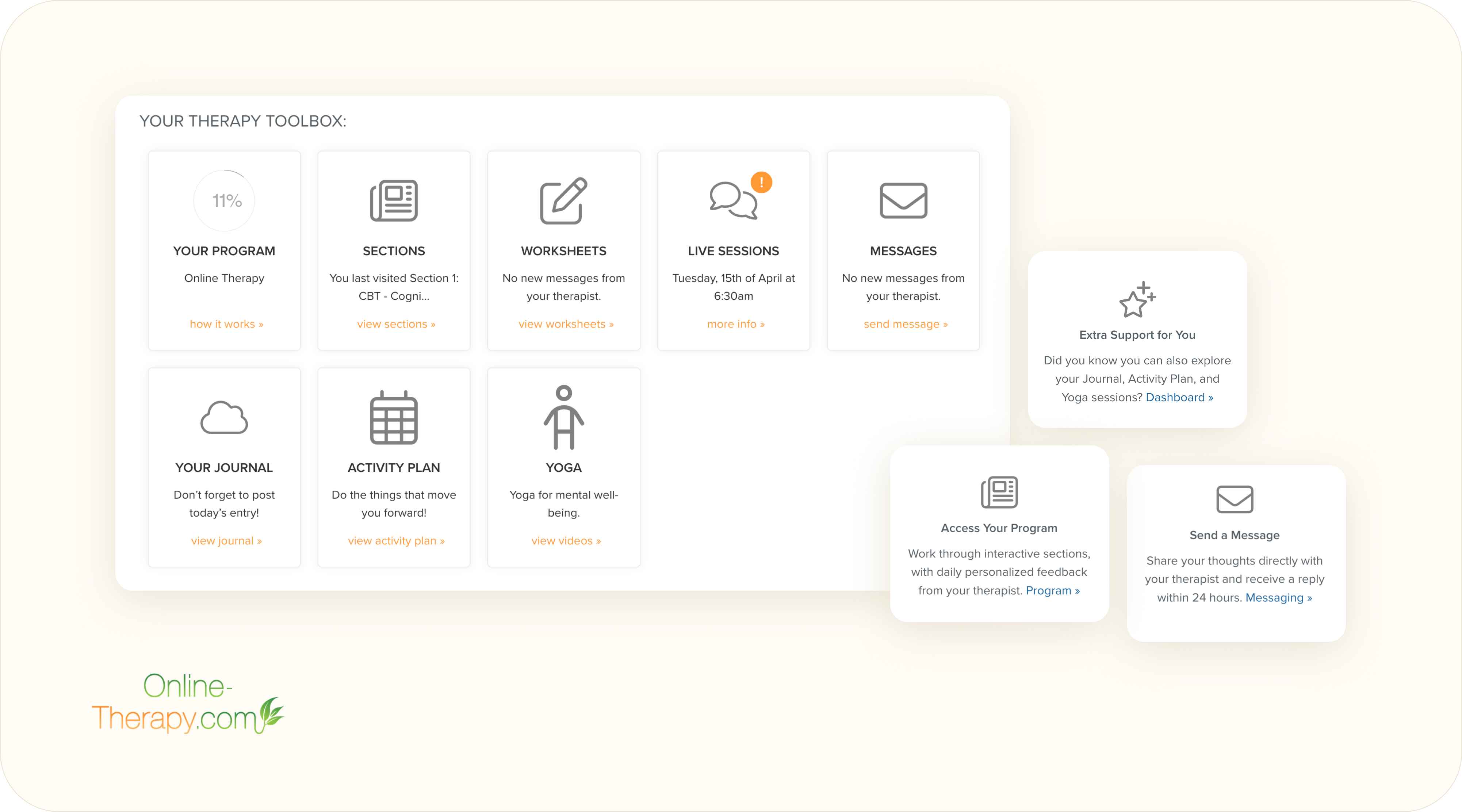 Online-Therapy.com therapy toolbox dashboard with CBT sections, worksheets, live sessions, and therapist messaging.