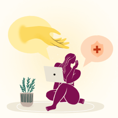 Illustration of a woman on the floor with a laptop, as a supportive hand reaches out to her, symbolizing of the best online therapy platforms that take insurance.