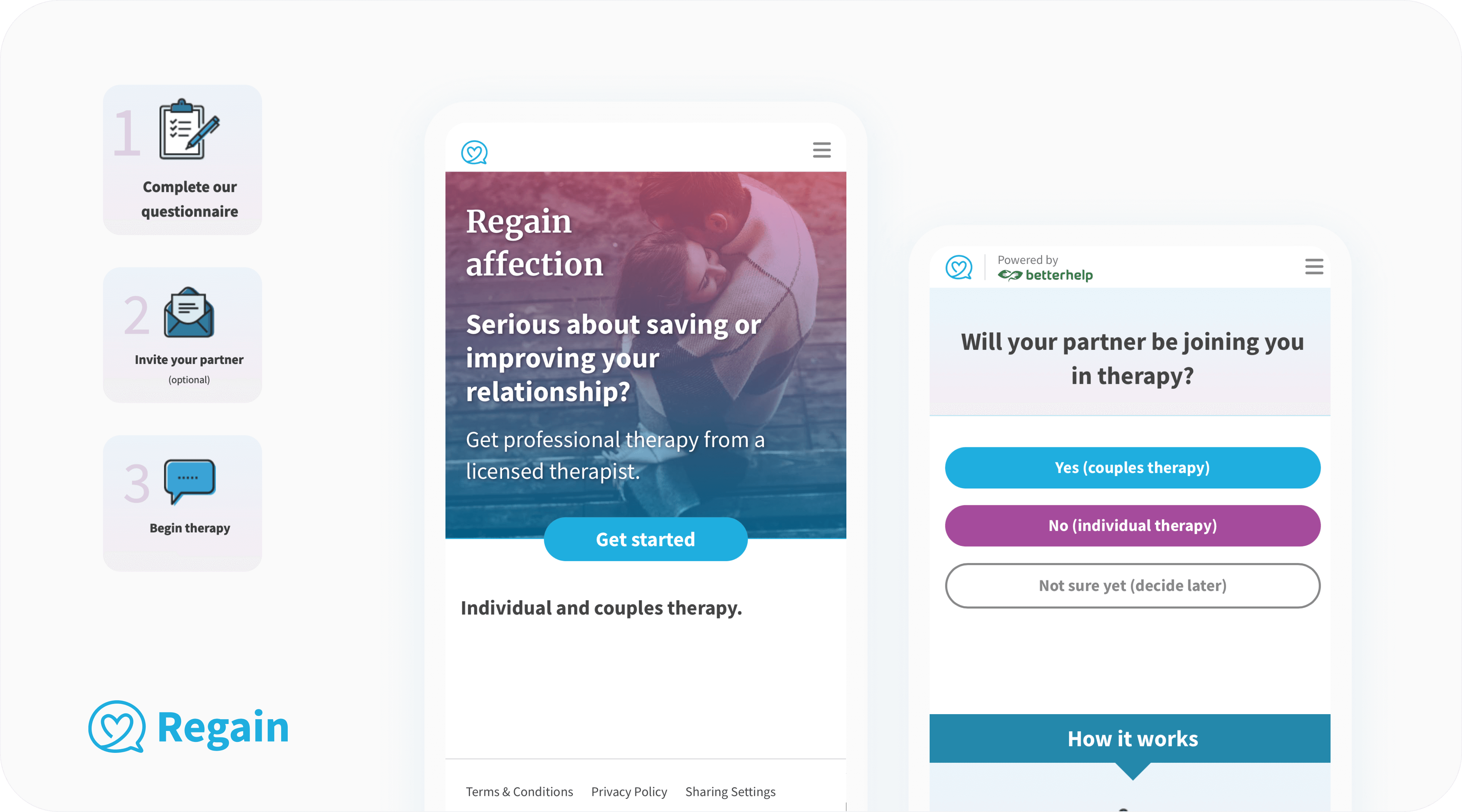 Promo interface for Regain online therapy showing a three-step process to begin couples or individual counseling.