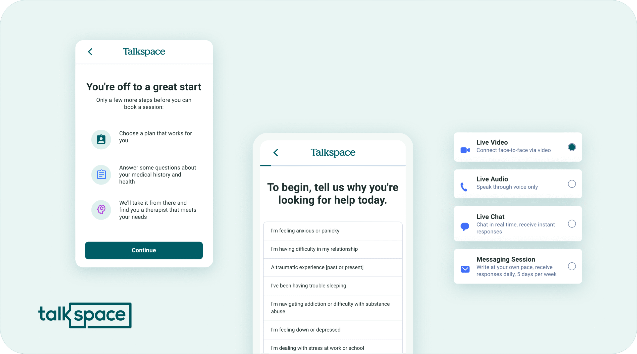 Talkspace onboarding flow showing plan selection, intake questions, and options for video, audio, chat, or messaging therapy.