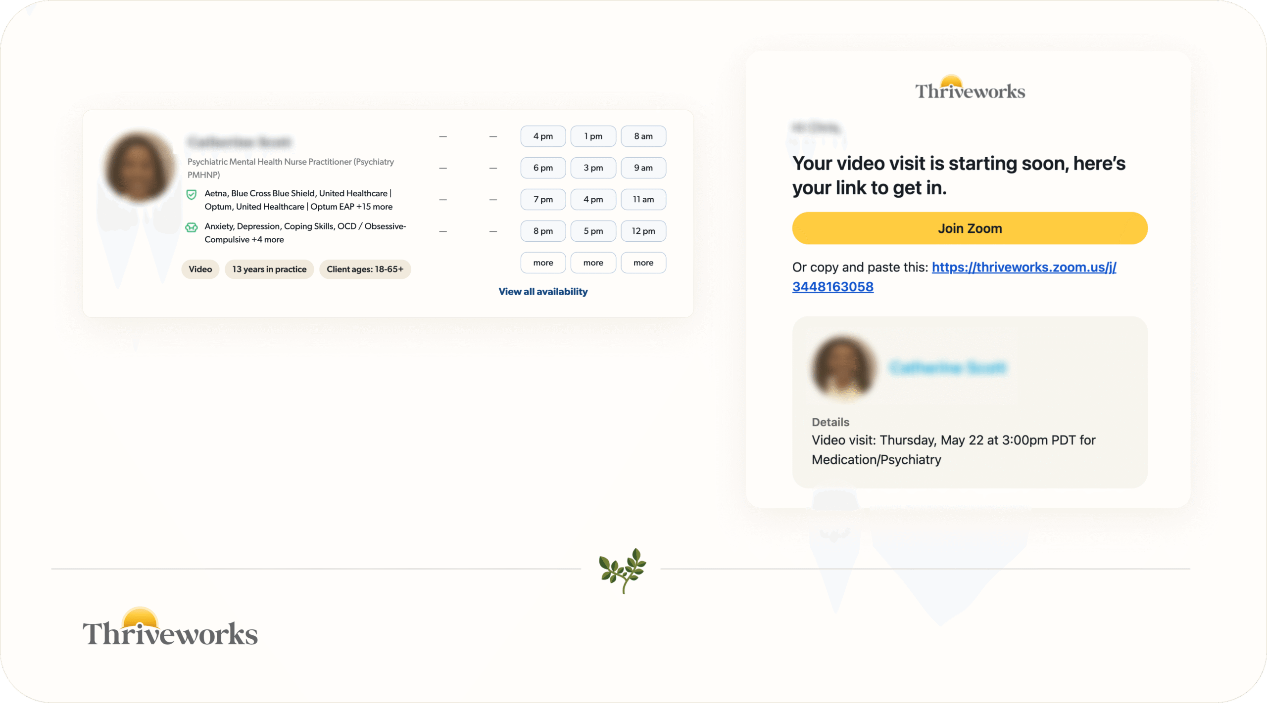 Thriveworks availability screen and email reminder with “Join Zoom” button for an upcoming video visit.