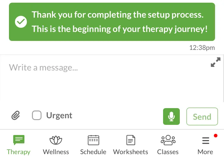 BetterHelp therapy chat screen showing setup completion message, text box, urgent checkbox, and send button.