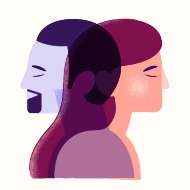Stylized illustration of three profiles in purple, blue, and pink shades overlapping and facing in opposite directions.
