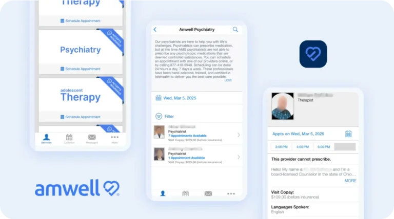Amwell telehealth app screens for psychiatry and therapy showing provider list, visit copay, and appointment time selection.