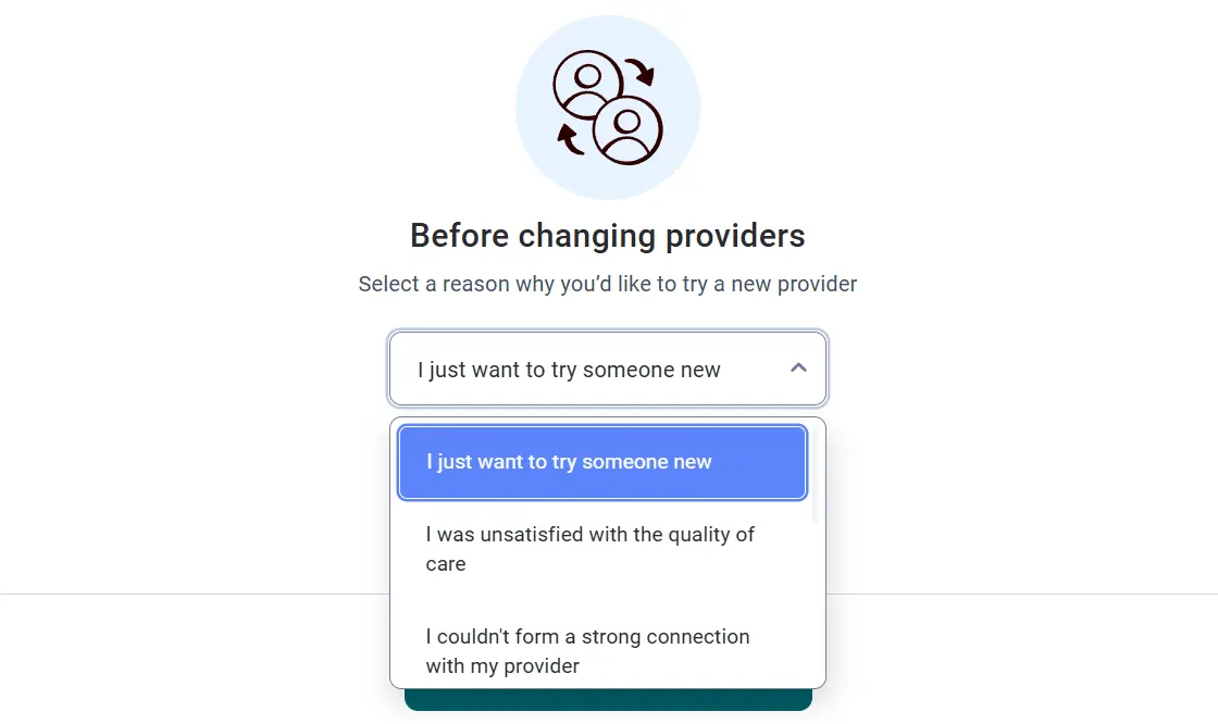 Talkspace change provider screen with dropdown menu listing reasons for selecting a new therapist or provider.